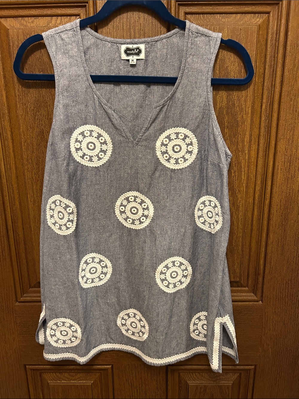 Mud Pie Blue Chambray Sleeveless Tunic with White Crochet Medallions